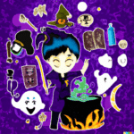 A cartoon witch with a cauldron and other spooky items conjure