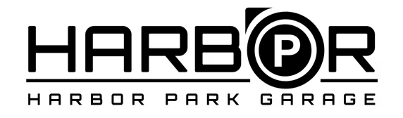 Logo of Harbor Park Garage in black and white with "Harbor" in bold letters and a white "P" inside a circle representing parking.