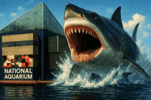 A giant shark with its mouth open emerges from the water in front of a modern building labeled