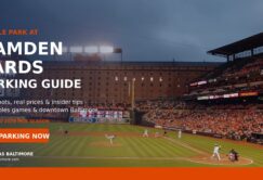 View of a baseball game at Oriole Park at Camden Yards, with the stadium and crowd in the background. Text overlay provides a parking guide for Baltimore Orioles games.