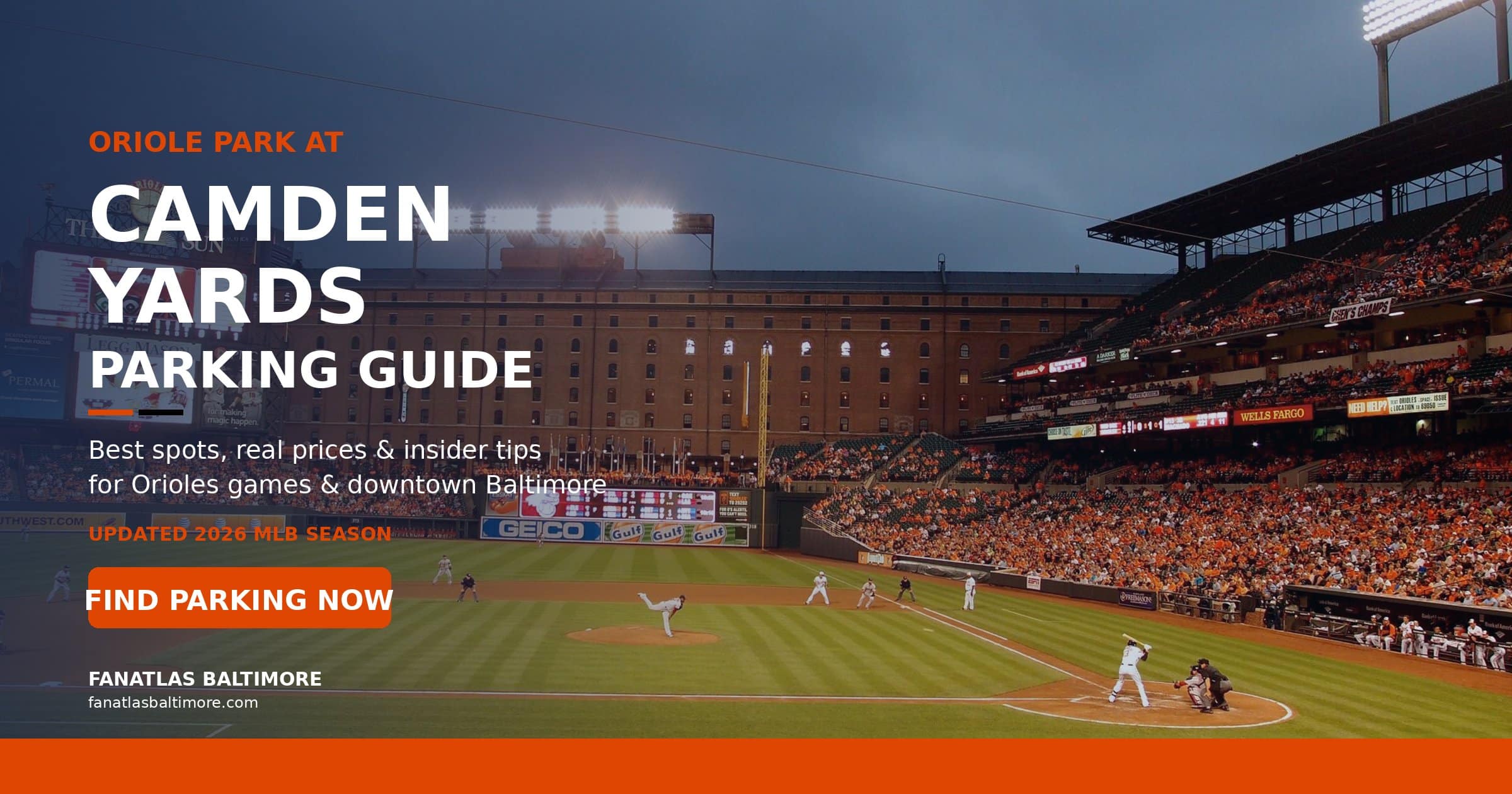 View of a baseball game at Oriole Park at Camden Yards, with the stadium and crowd in the background. Text overlay provides a parking guide for Baltimore Orioles games.
