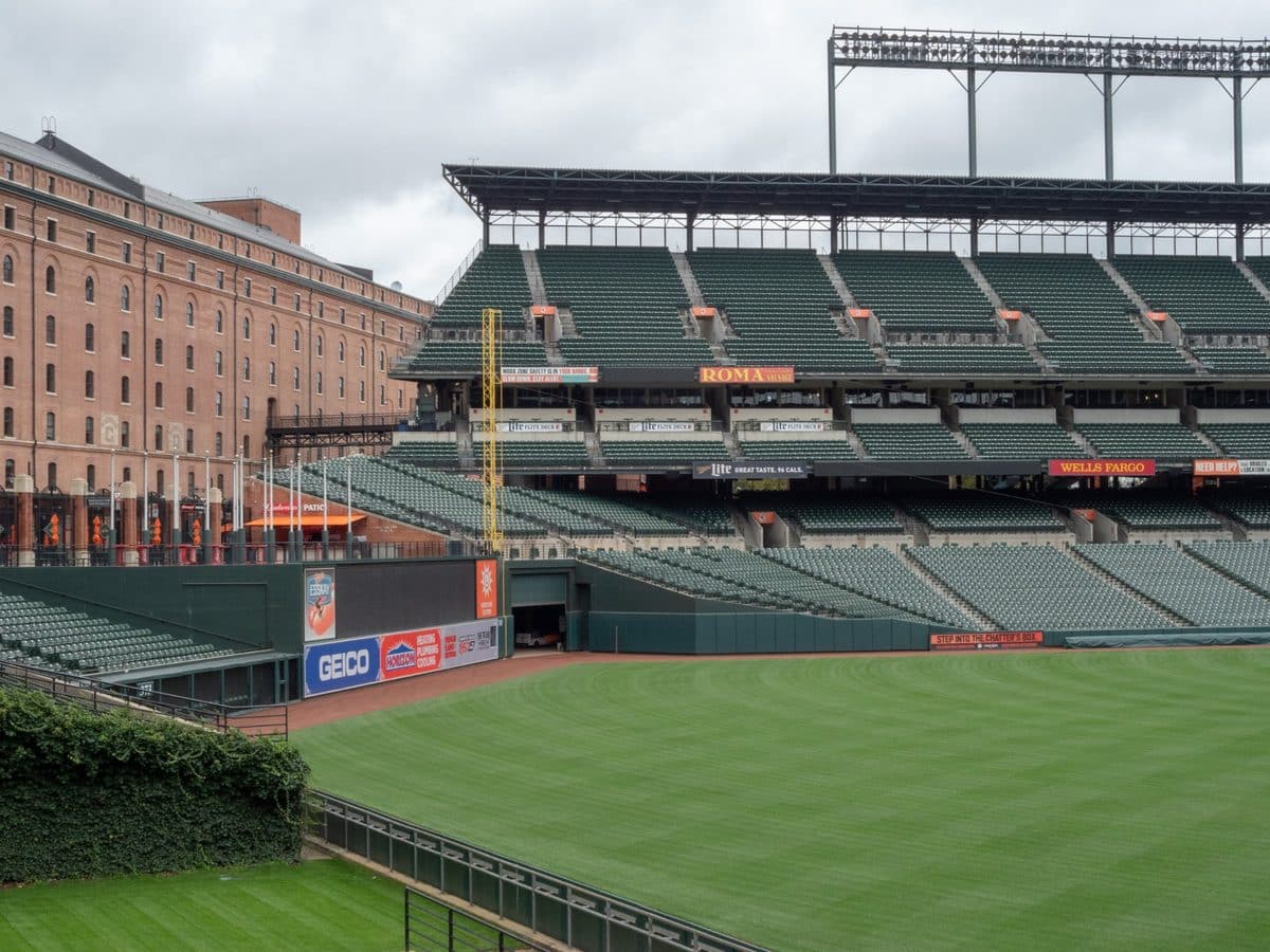 Outfield view of Oriole Park at Camden Yards showing the iconic B&O Warehouse and seating bowl where $23 million in upgrades including a new videoboard and renovated club level debut for the 2026 Baltimore Orioles season
