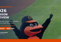 Baltimore Orioles mascot poses on field with arms raised; text highlights 2026 season preview and announces a new manager for the team.