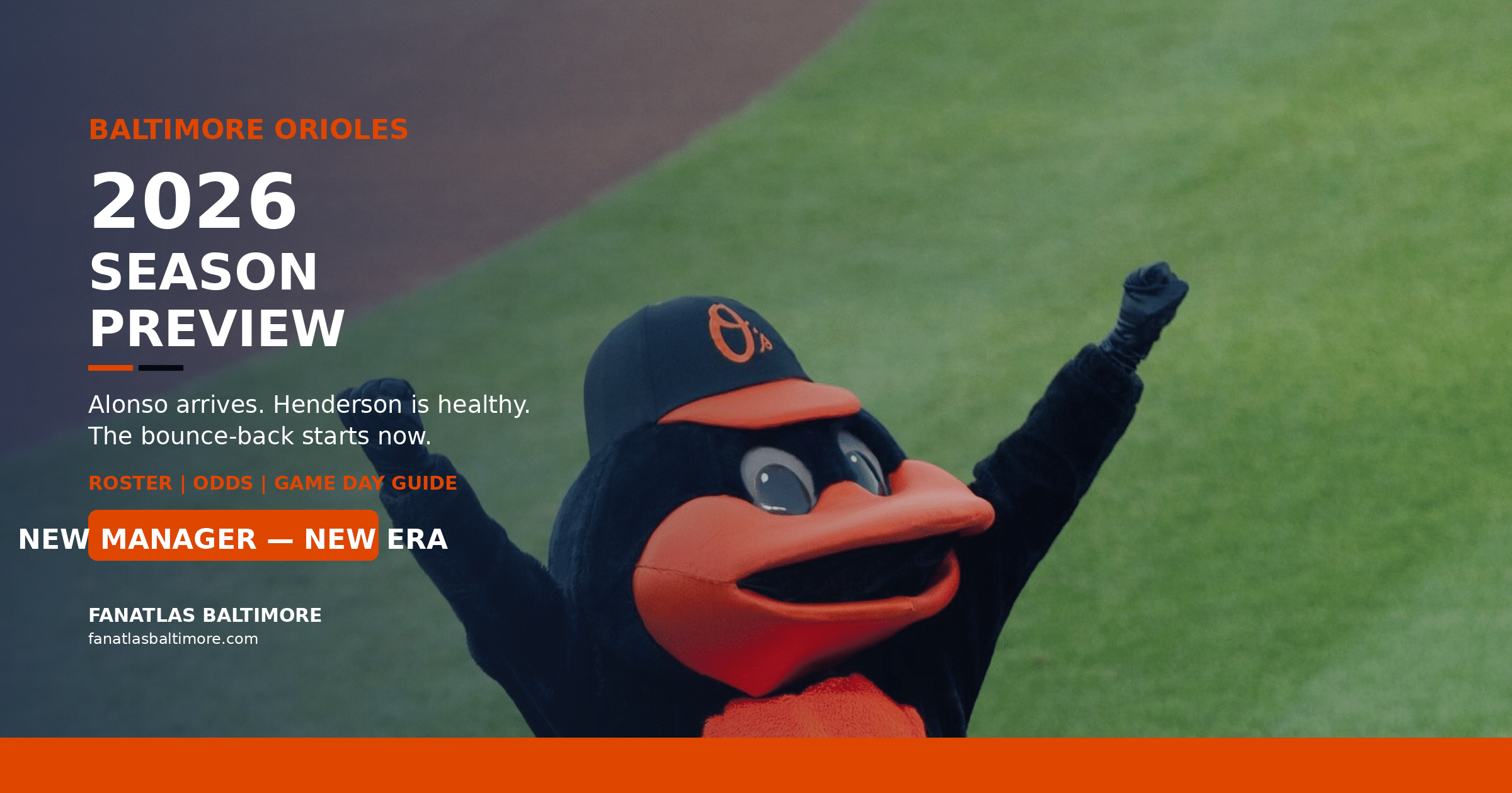 Baltimore Orioles mascot poses on field with arms raised; text highlights 2026 season preview and announces a new manager for the team.