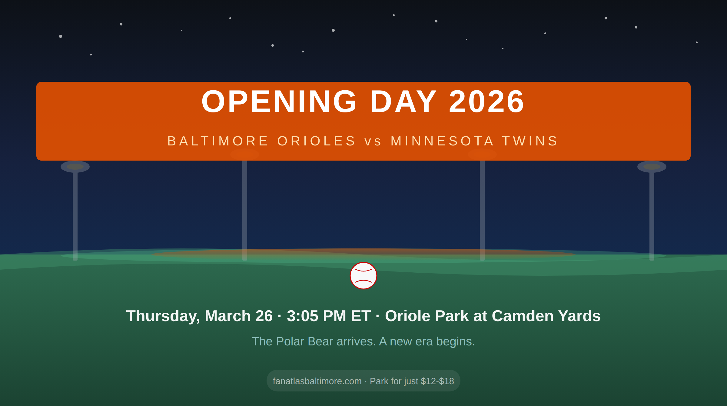 Opening Day 2026 promo for Baltimore Orioles vs. Minnesota Twins at Oriole Park, with date, time, and ticket price details on a dark baseball field background.