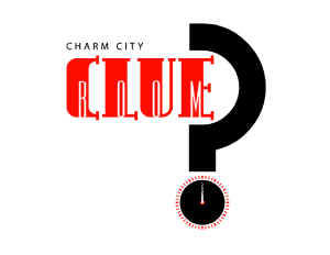 Logo with the words "Charm City Clue" in red text, overlapping a large black question mark, with a small clock at the bottom of the question mark.