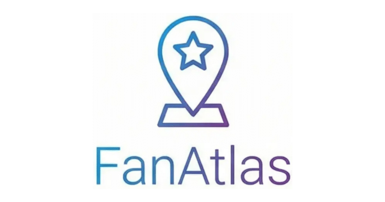 A gradient line icon of a map pin with a star inside is above the text "FanAtlas" in blue and purple tones on a white background.