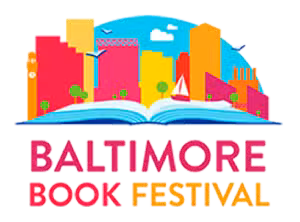 Logo for the Baltimore Book Festival featuring a colorful city skyline above an open book, with birds and a sailboat in the background.