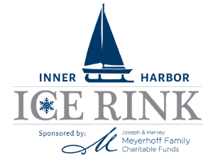 Logo for Inner Harbor Ice Rink with a sailboat graphic above the text; sponsored by Joseph & Harvey Meyerhoff Family Charitable Funds.