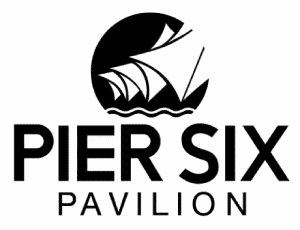 Black and white logo for Pier Six Pavilion featuring abstract sailboats on water above the venue’s name in bold, uppercase letters.