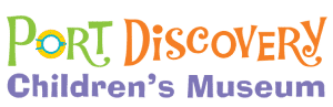 Logo for Port Discovery Children’s Museum, with colorful, playful lettering on a light background.