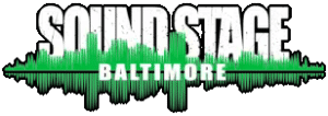 Logo for Baltimore Soundstage with "SOUND STAGE" in large white letters, "BALTIMORE" below, and a green audio waveform graphic in the background.
