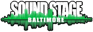 Logo for Baltimore Soundstage with "SOUND STAGE" in large white letters, "BALTIMORE" below, and a green audio waveform graphic in the background.
