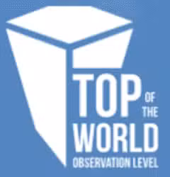 Logo for Top of the World Observation Level, featuring a white geometric structure on a blue background with the text “Top of the World Observation Level.”.